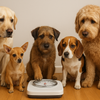 5 dogs sitting around a set of scales one with a paw on to test the weight